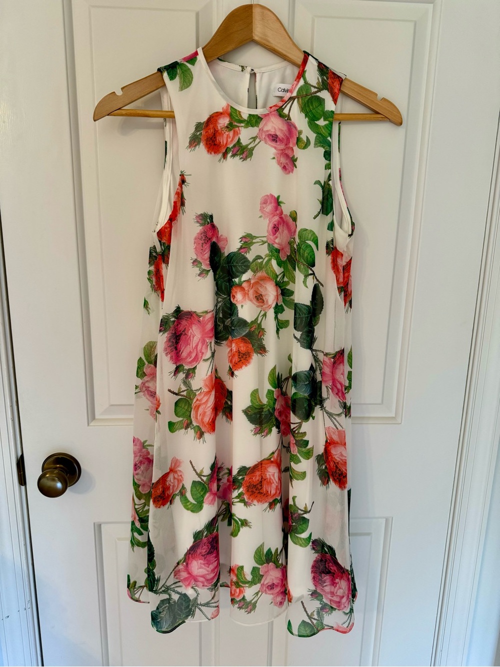 Calvin Klein White Midi Dress with Pink and Coral Floral Print